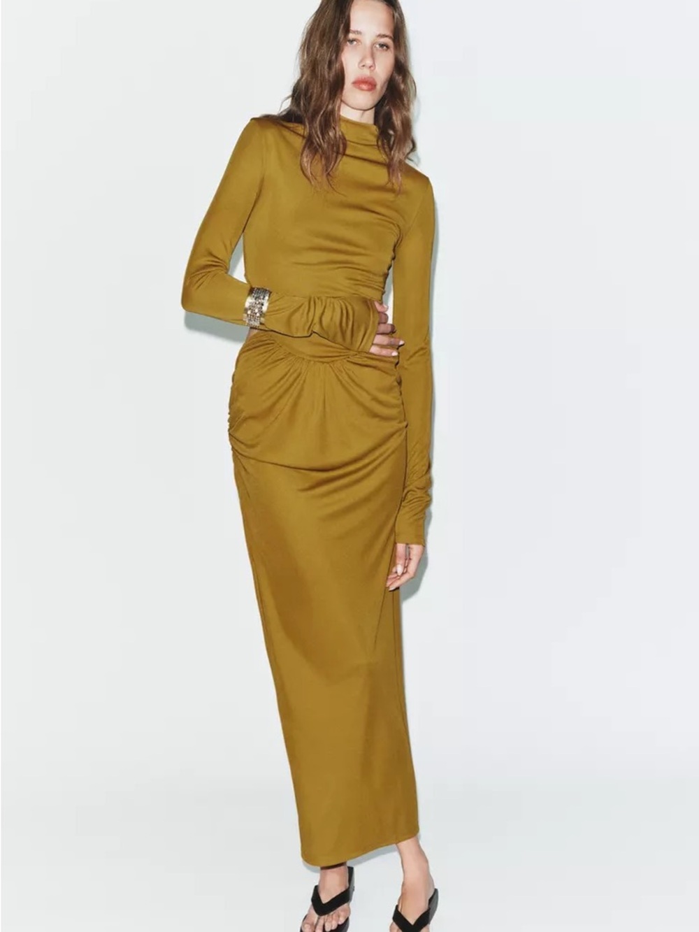 Zara Olive Ruched Maxi Skirt Dress